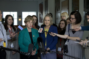 Senators Christine Milne and Lee Rhiannon - Photo from the launch of the Greens bill to increase overseas aid in Canberra on 7 May 2013, Courtesy of the Australian Greens.