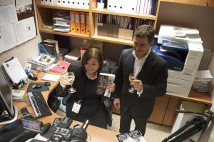 Kate McClymont and Linton Besser toasting the launch of their book "He Who must be Obeid", in Eddie Obeid's former NSW Parliament Office. Two of my photos appeared in this book. (Photo: Kate Doak)